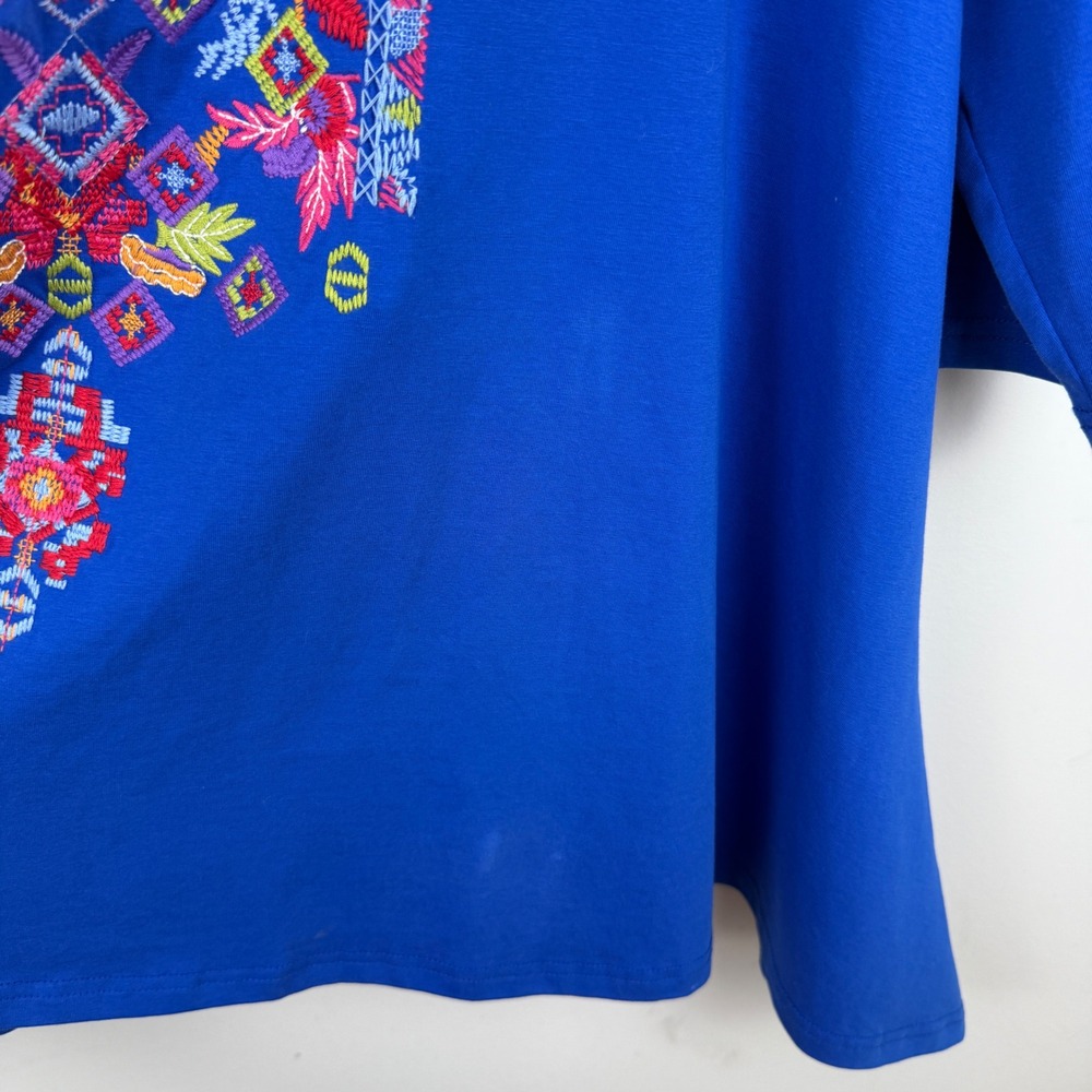 Calessa Embroidered Tunic Top Womens Large Blue Boho Peasant 3/4 Sleeve V-Neck - Picture 7 of 12